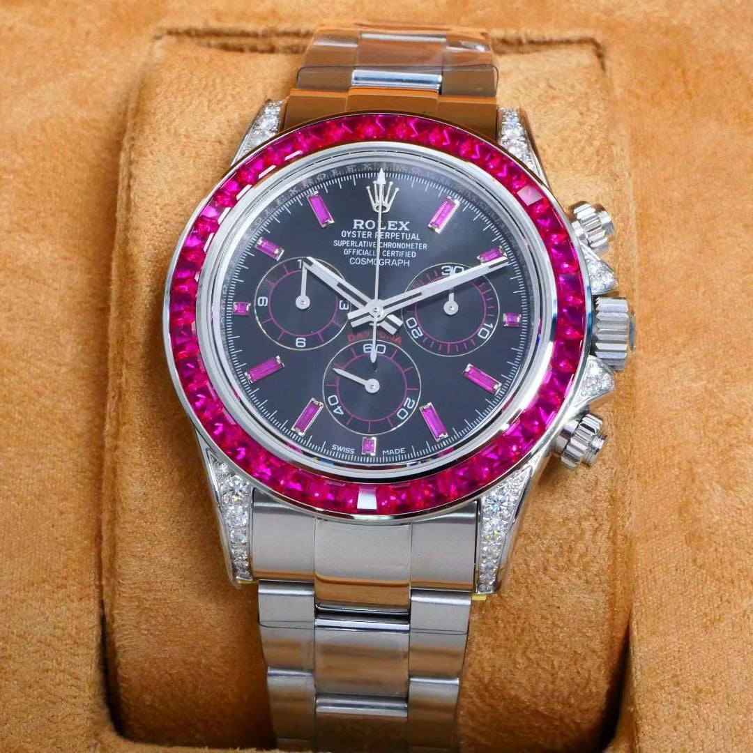 Rolex Cosmograph Daytona – 18K White Gold, Black Dial, Ruby Bezel & Diamond Lugs