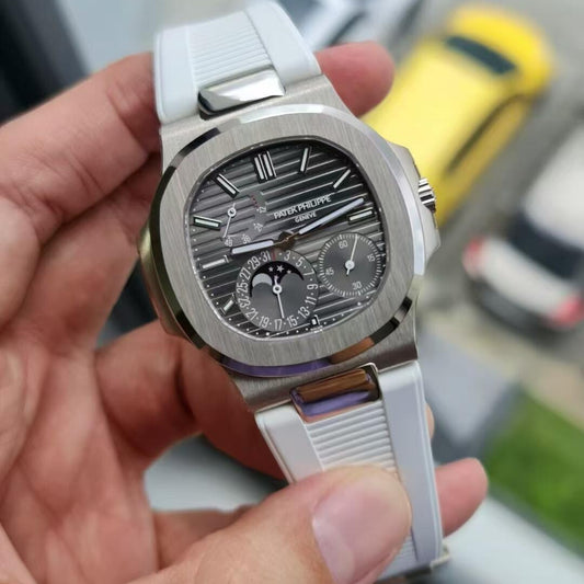 Patek Philippe Nautilus Moon Phases 5712G-001 – White Gold on White Rubber Strap