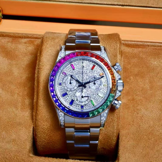 Rolex Cosmograph Daytona “Rainbow” – 18K White Gold, Pavé Diamond Dial, Rainbow Sapphire Bezel