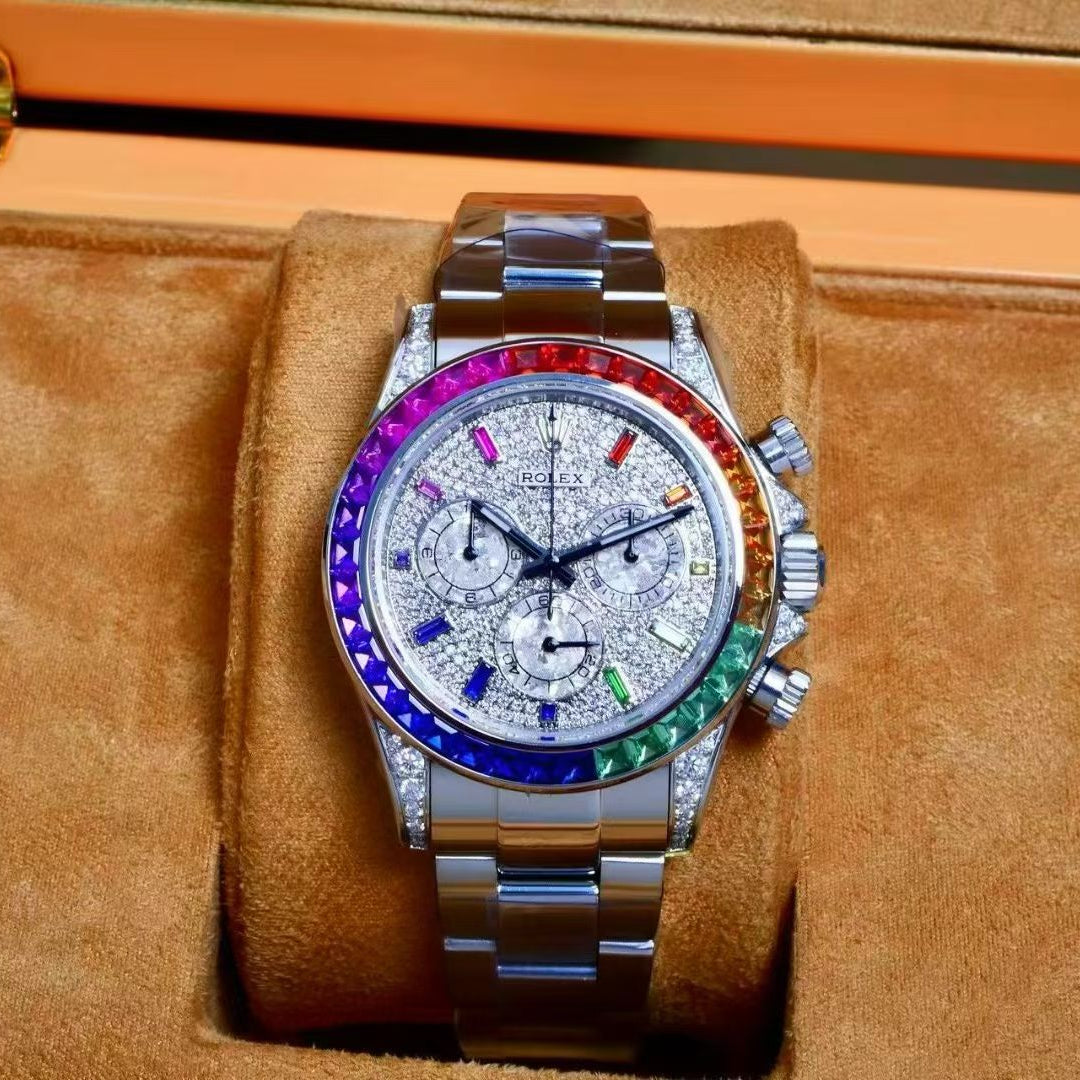 Rolex Cosmograph Daytona “Rainbow” – 18K White Gold, Pavé Diamond Dial, Rainbow Sapphire Bezel