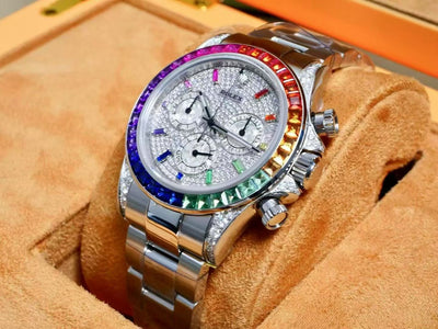 Rolex Cosmograph Daytona “Rainbow” – 18K White Gold, Pavé Diamond Dial, Rainbow Sapphire Bezel
