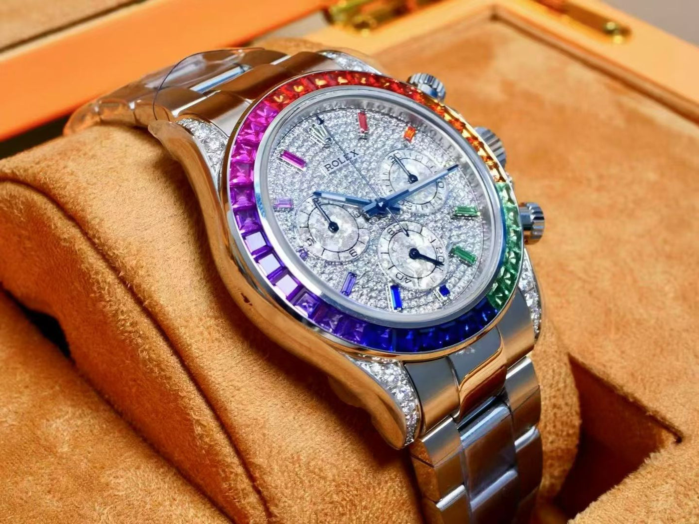 Rolex Cosmograph Daytona “Rainbow” – 18K White Gold, Pavé Diamond Dial, Rainbow Sapphire Bezel