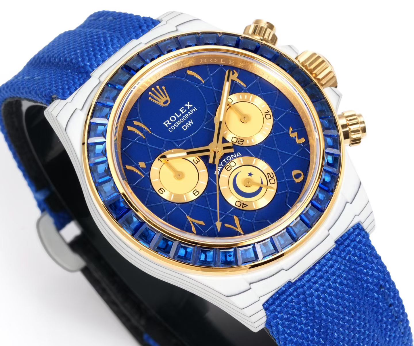 DiW Custom Rolex Cosmograph Daytona – Blue Dial with Arabic Numerals, Blue Bezel, Blue Textile Strap