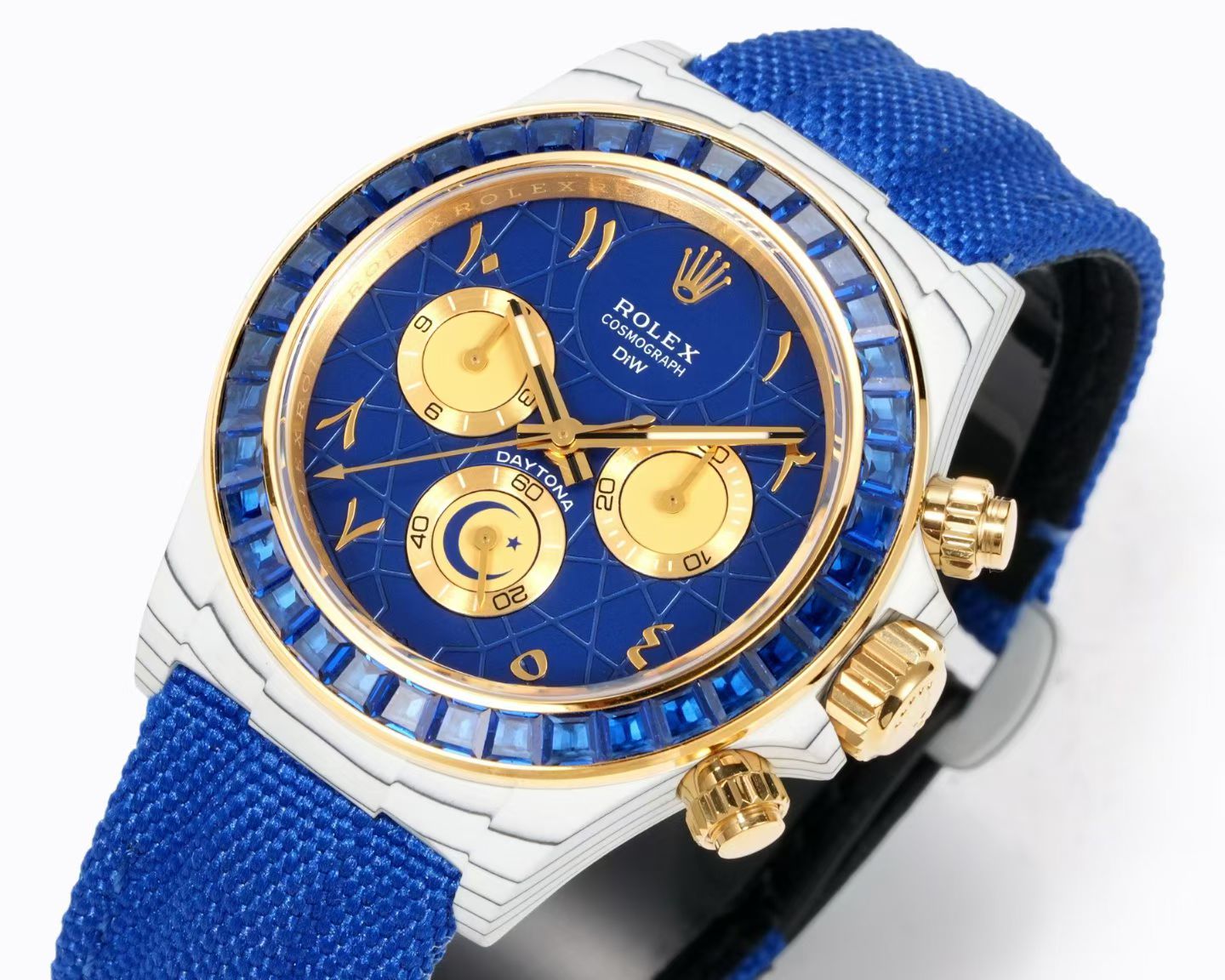 DiW Custom Rolex Cosmograph Daytona – Blue Dial with Arabic Numerals, Blue Bezel, Blue Textile Strap