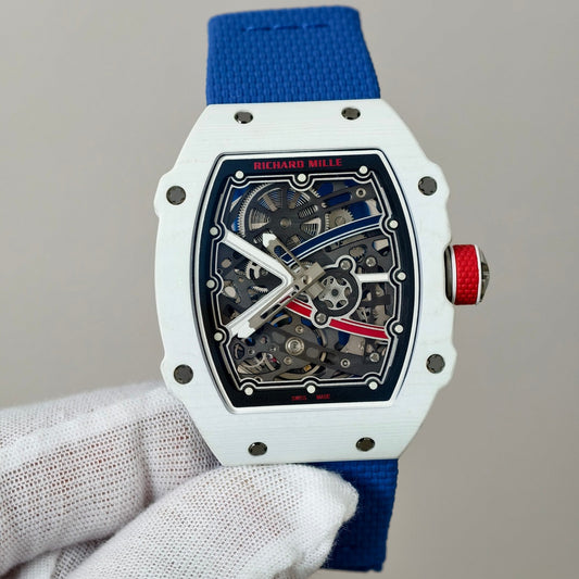 Richard Mille RM 67-02 Automatic Extra Flat in White Quartz TPT with Skeletonized Dial & Blue Strap