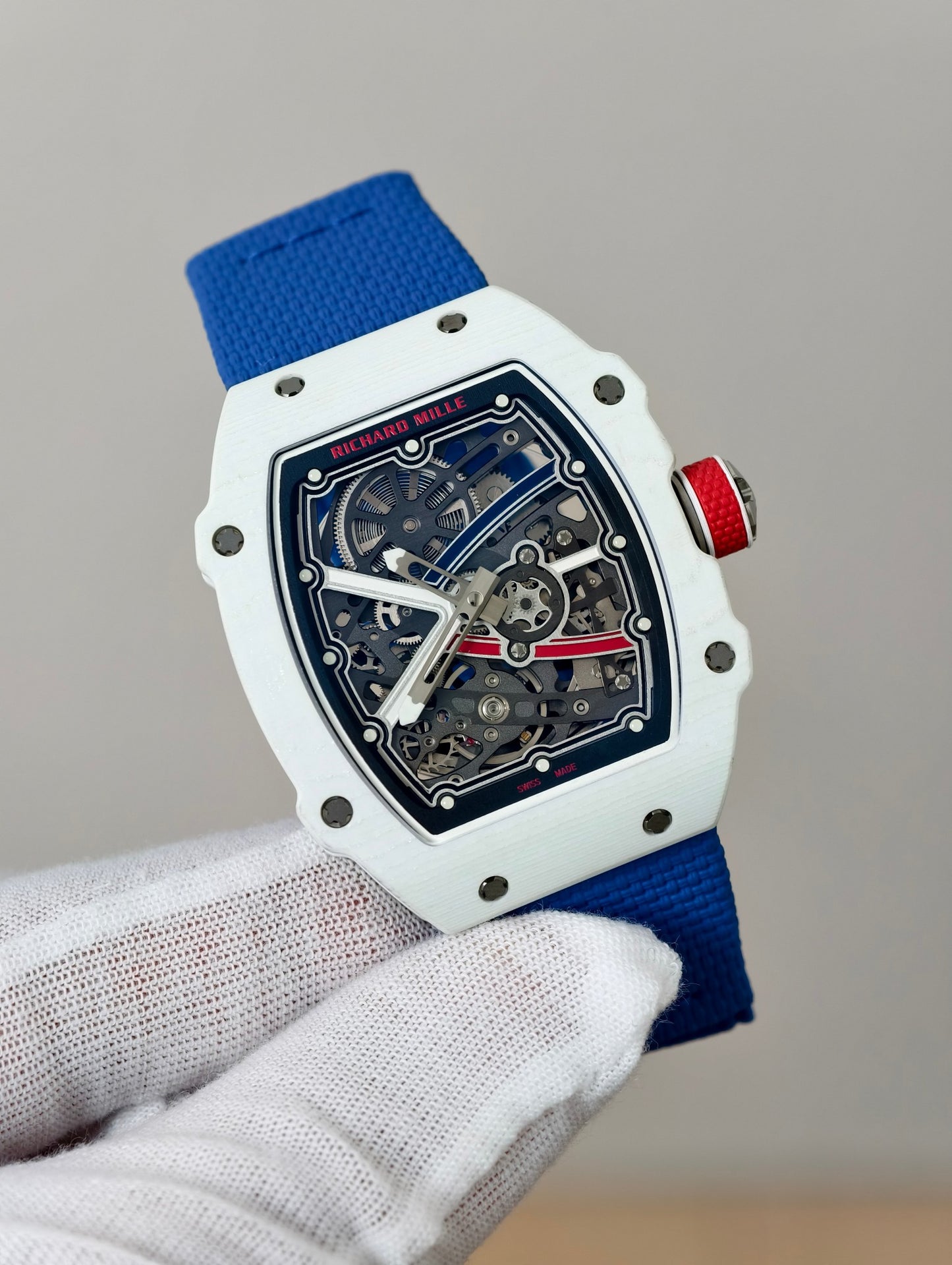 Richard Mille RM 67-02 Automatic Extra Flat in White Quartz TPT with Skeletonized Dial & Blue Strap