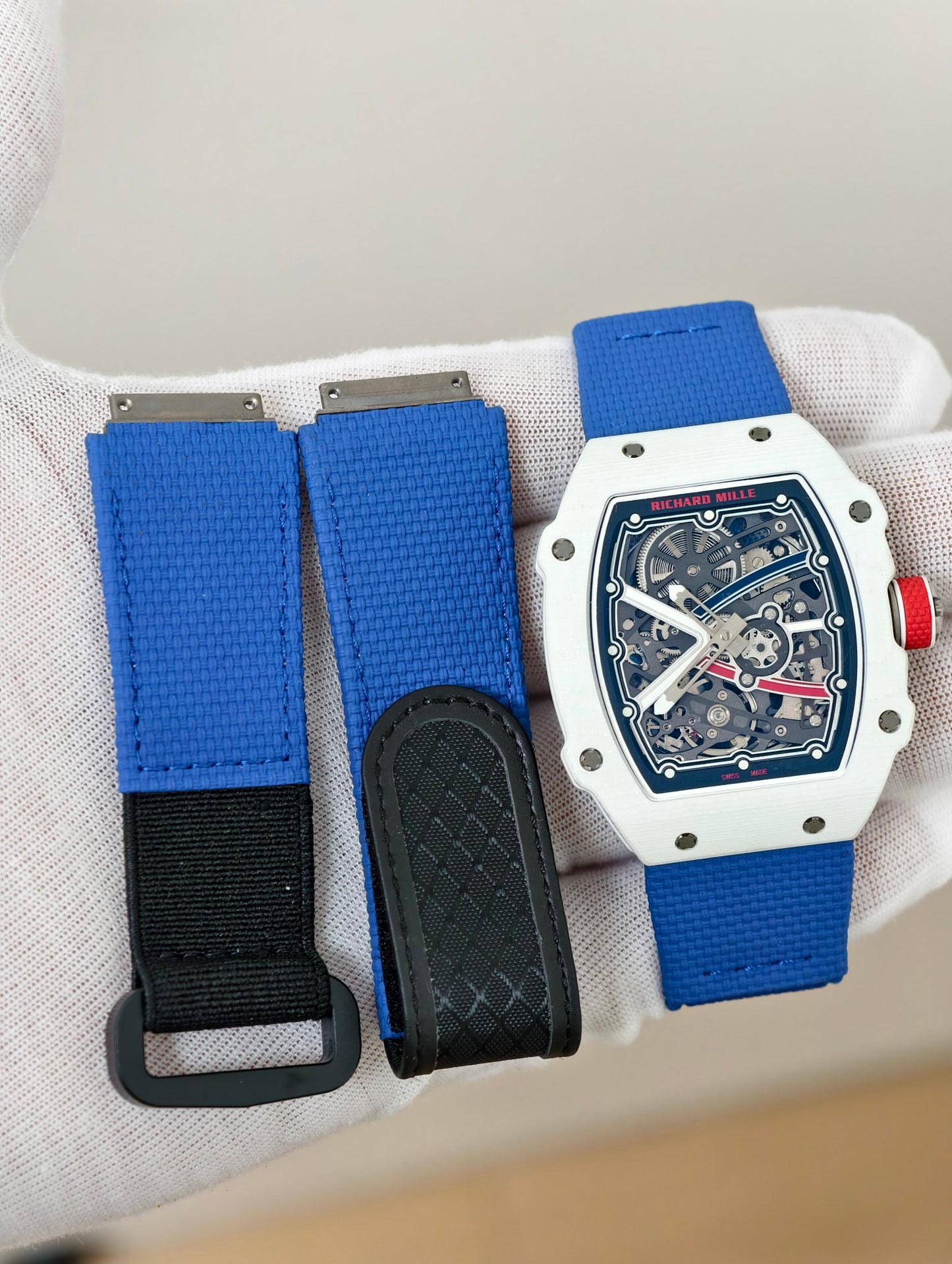 Richard Mille RM 67-02 Automatic Extra Flat in White Quartz TPT with Skeletonized Dial & Blue Strap