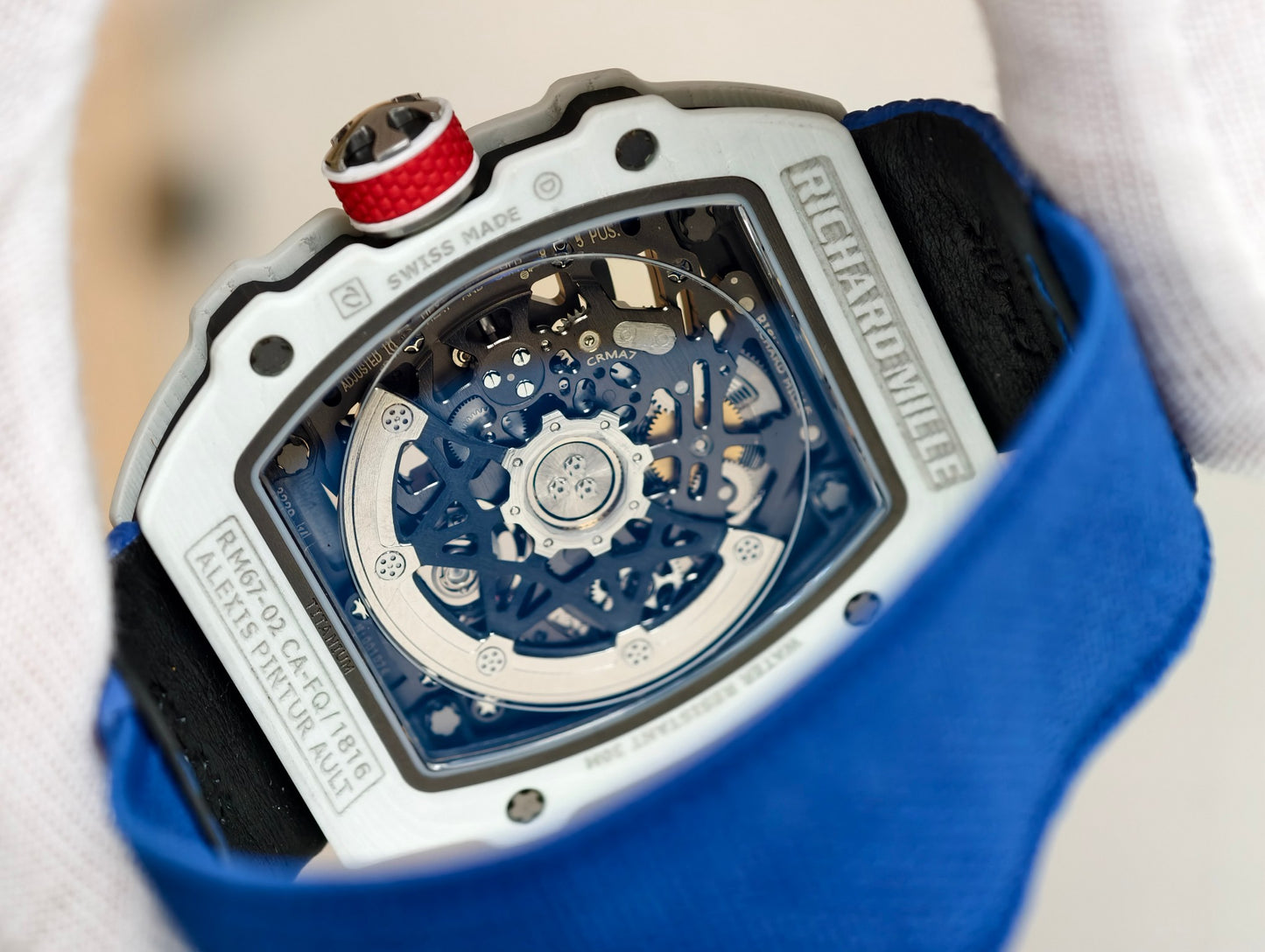 Richard Mille RM 67-02 Automatic Extra Flat in White Quartz TPT with Skeletonized Dial & Blue Strap