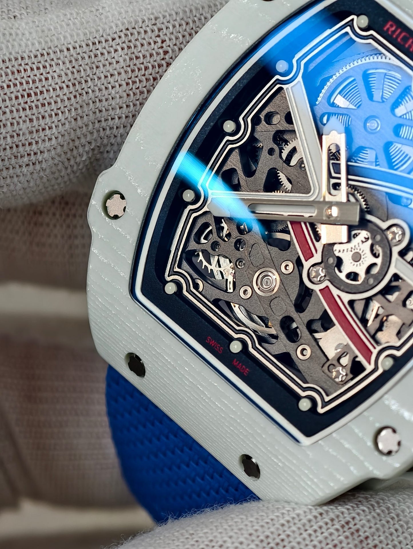 Richard Mille RM 67-02 Automatic Extra Flat in White Quartz TPT with Skeletonized Dial & Blue Strap