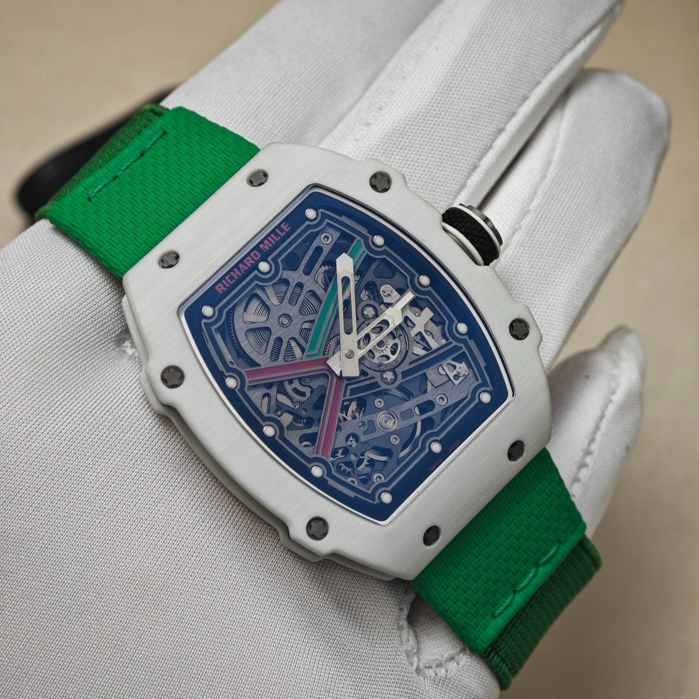Richard milleRichard Mille RM 67-02 Extra Flat Automatic Alexis Pinturault in White Quartz TPT & Green Strap