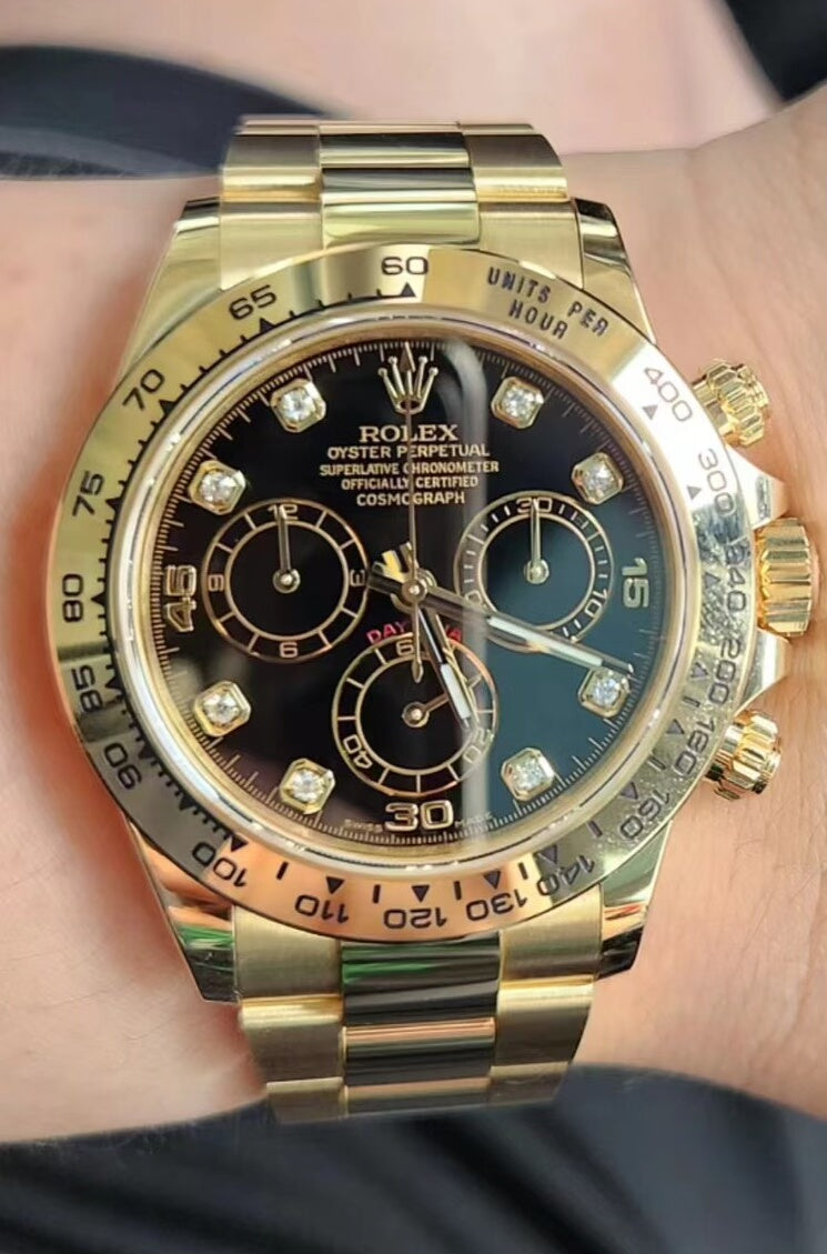 Rolex Cosmograph Daytona Yellow Gold Black Diamond Dial Watch