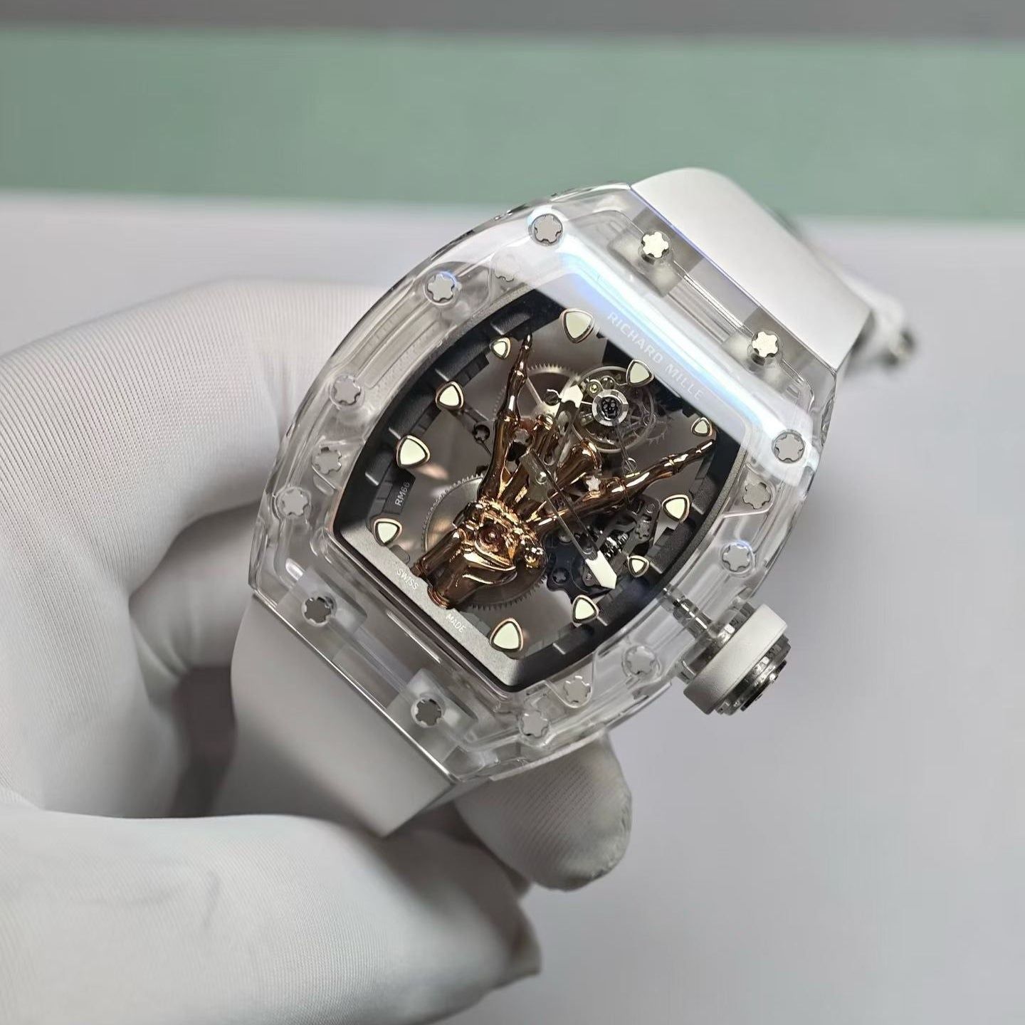 Richard Mille Skeleton Sapphire Case Watch with White Rubber Strap