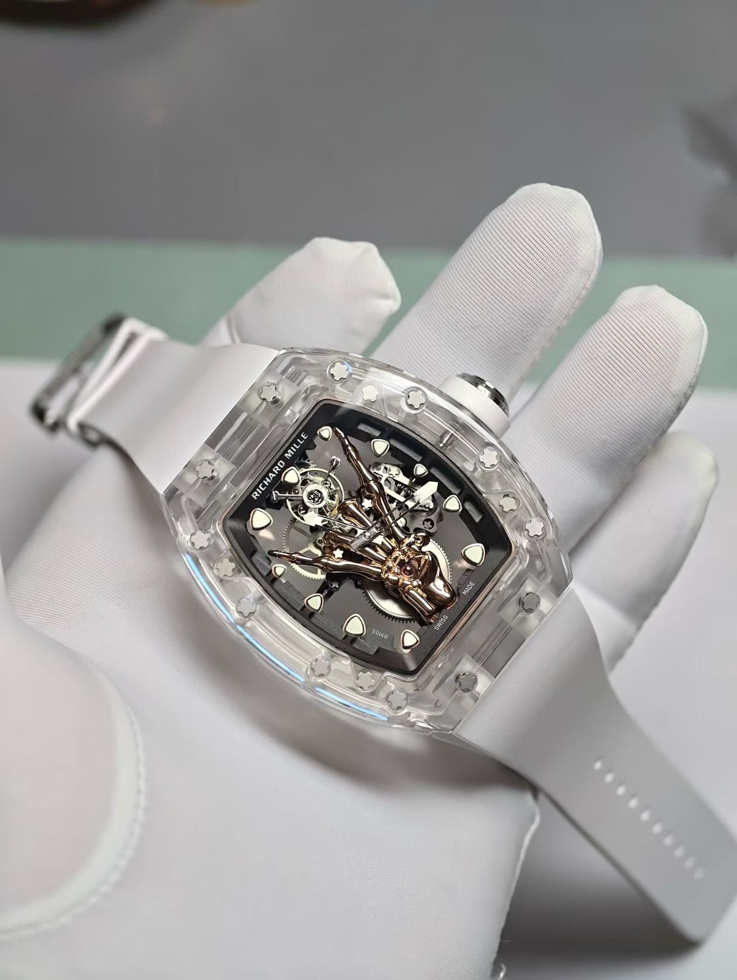 Richard Mille Skeleton Sapphire Case Watch with White Rubber Strap