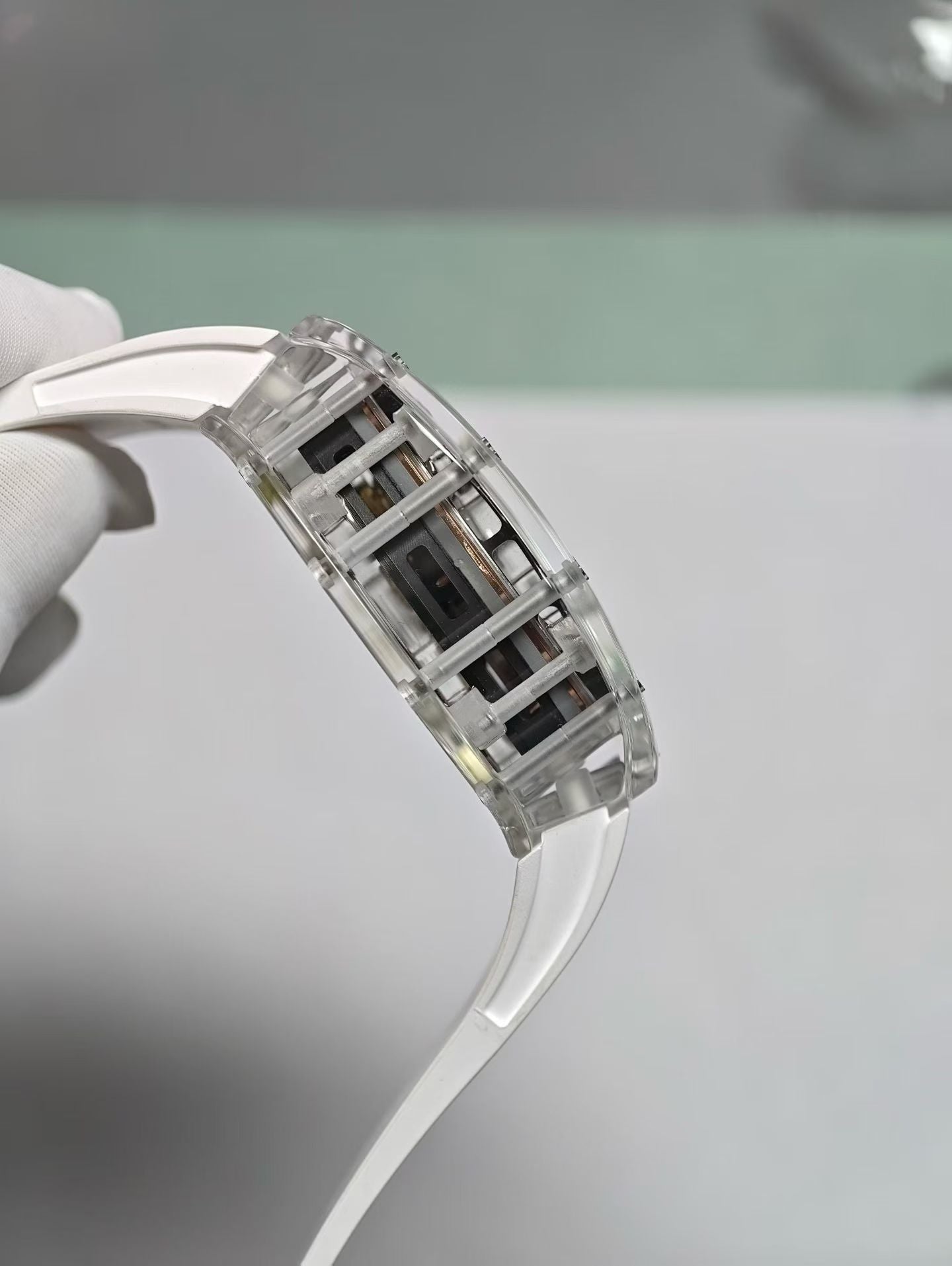 Richard Mille Skeleton Sapphire Case Watch with White Rubber Strap