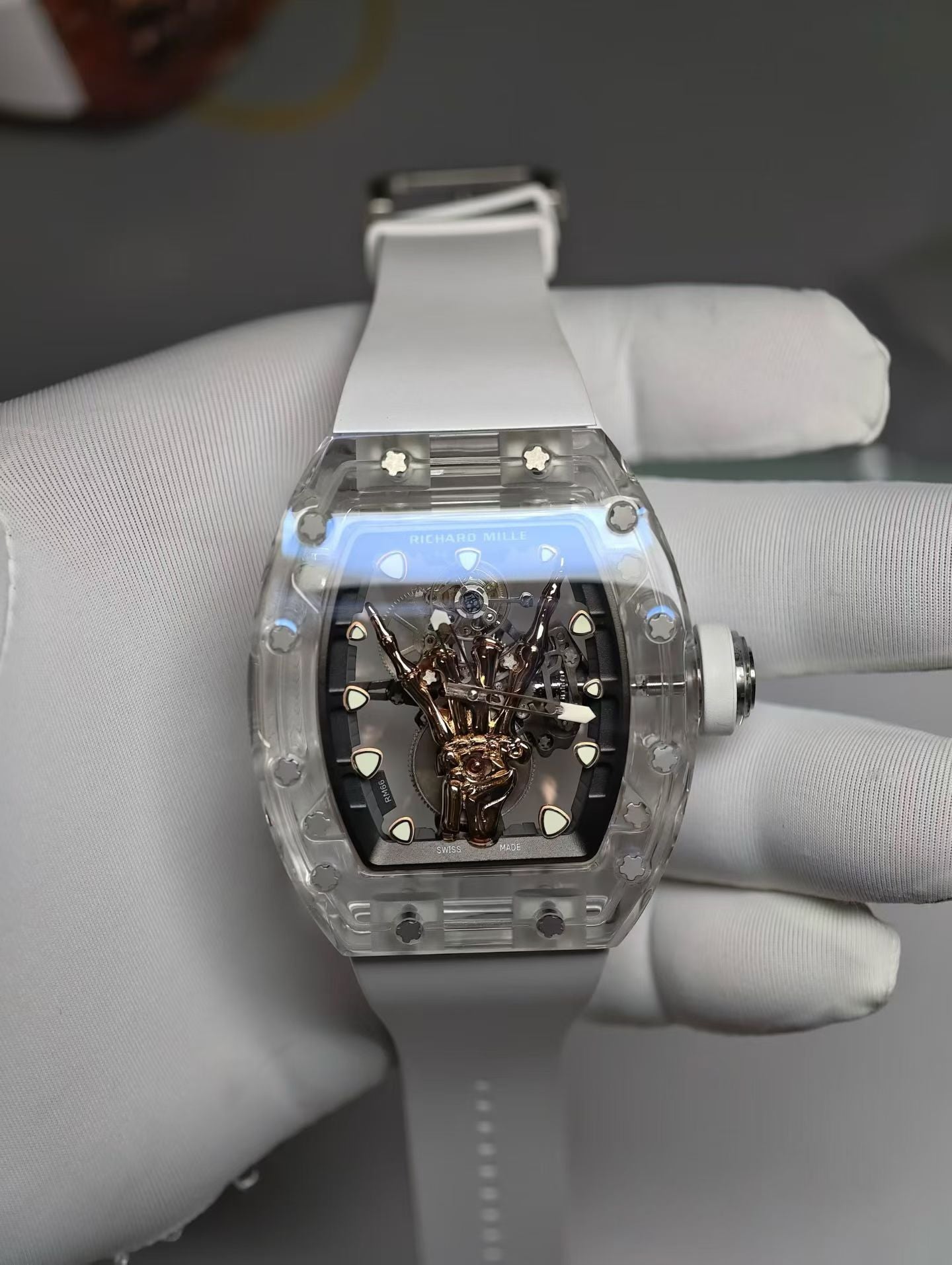 Richard Mille Skeleton Sapphire Case Watch with White Rubber Strap