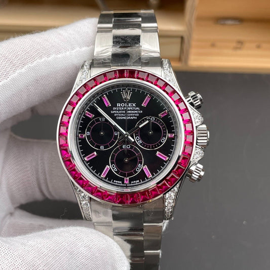 Rolex Cosmograph Daytona 126599TRU – 18k White Gold with Ruby Bezel & Diamond Lugs