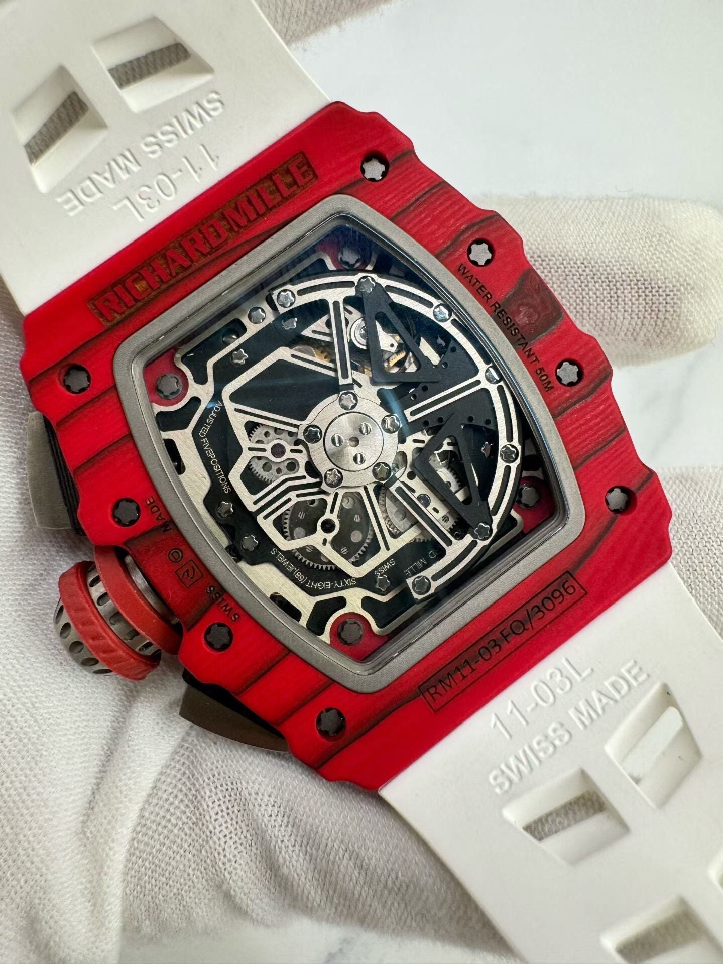 Richard Mille RM 11-03 – Automatic Flyback Chronograph, Red Quartz & Carbon TPT Case, White Rubber Strap