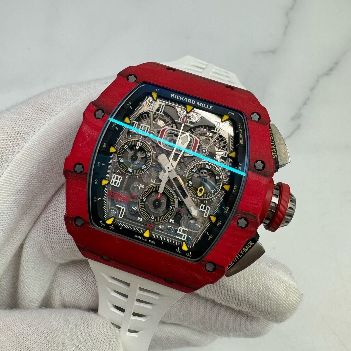 Richard Mille RM 11-03 – Automatic Flyback Chronograph, Red Quartz & Carbon TPT Case, White Rubber Strap