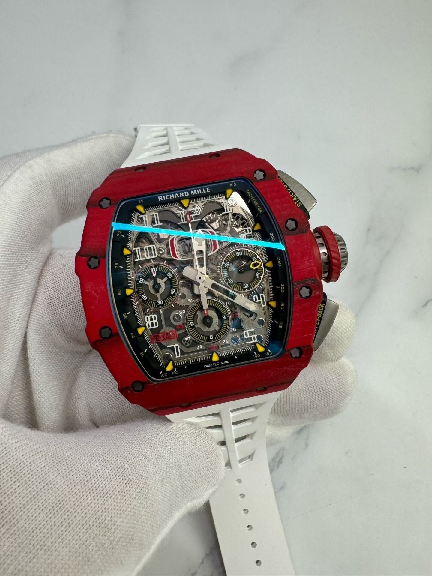 Richard Mille RM 11-03 – Automatic Flyback Chronograph, Red Quartz & Carbon TPT Case, White Rubber Strap