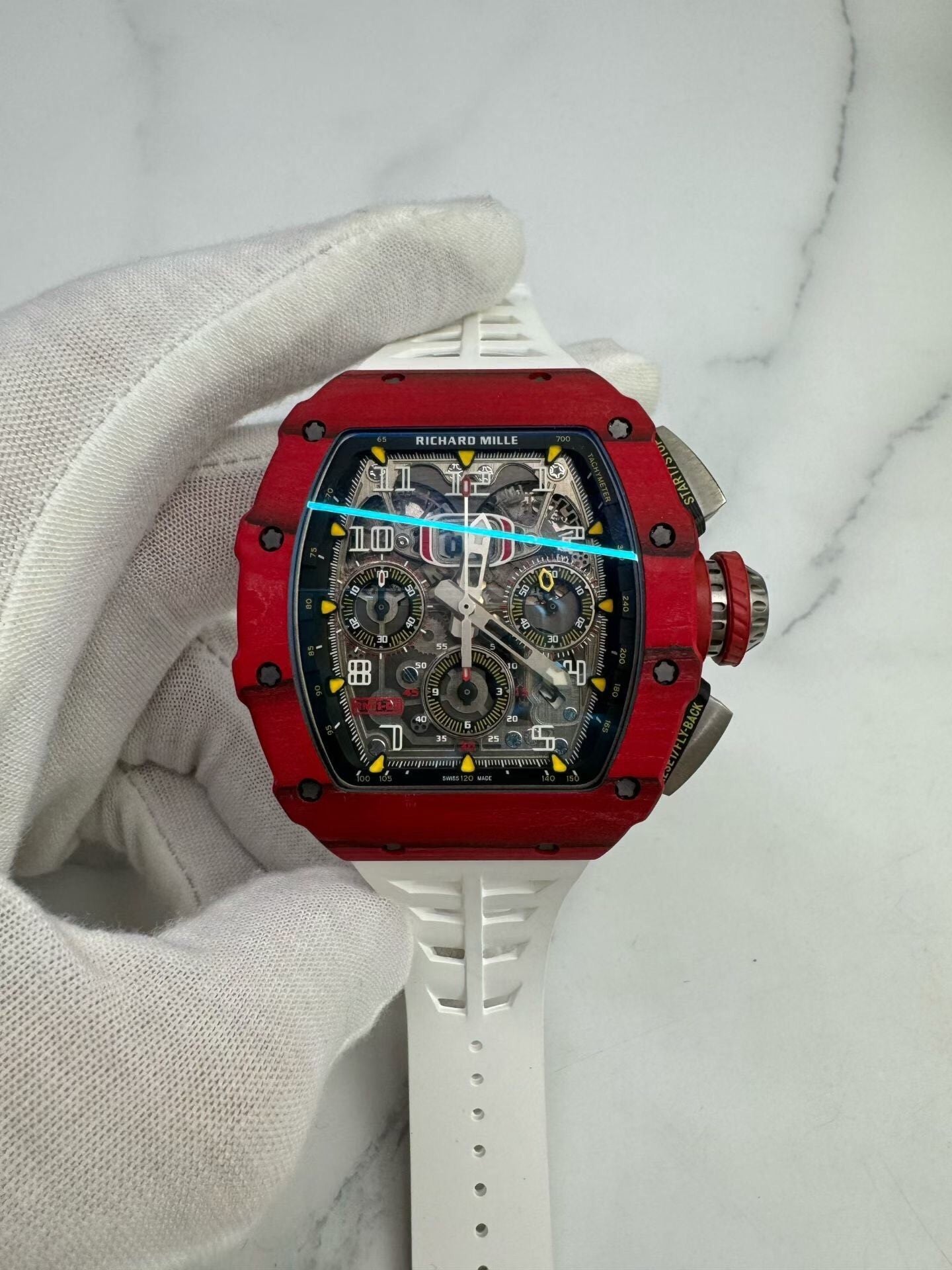 Richard Mille RM 11-03 – Automatic Flyback Chronograph, Red Quartz & Carbon TPT Case, White Rubber Strap