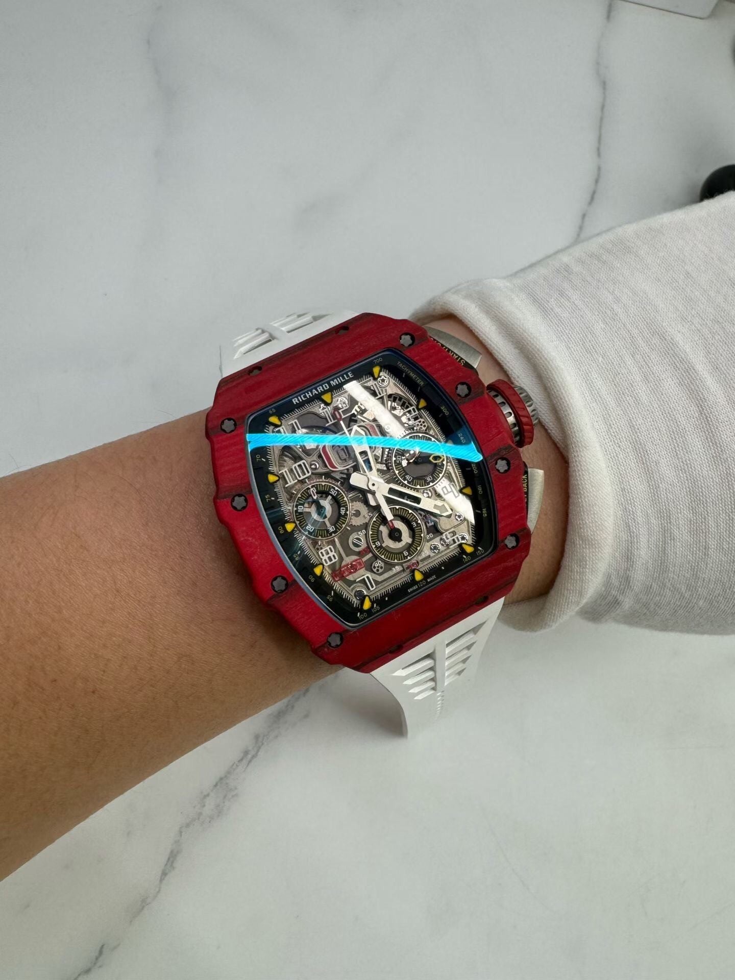 Richard Mille RM 11-03 – Automatic Flyback Chronograph, Red Quartz & Carbon TPT Case, White Rubber Strap