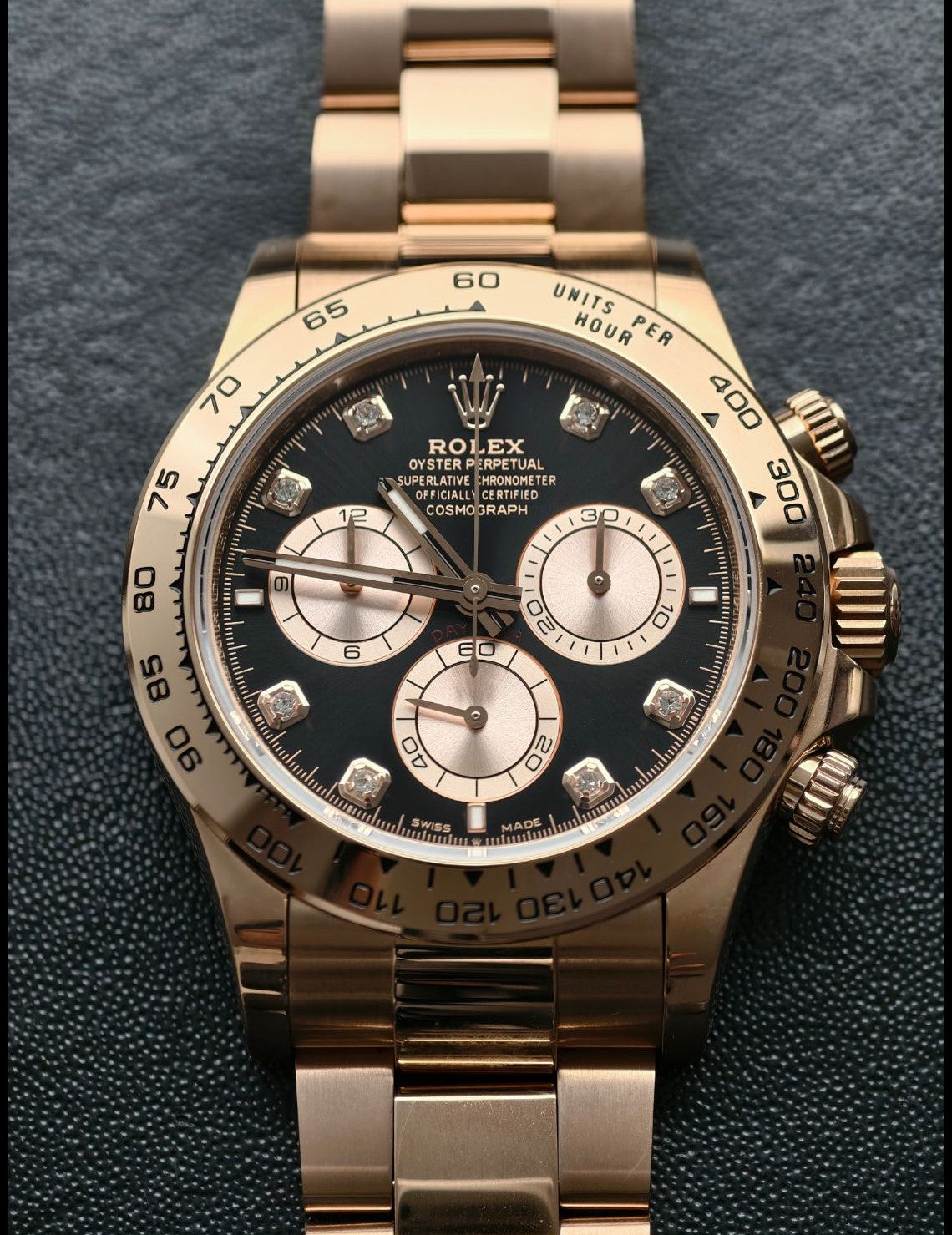 Rolex Cosmograph Daytona – 18k Everose Gold with Bright Black & Sundust Diamond-Set Dial