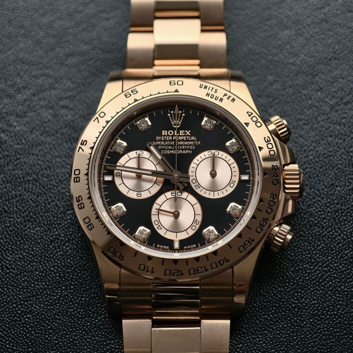 Rolex Cosmograph Daytona – 18k Everose Gold with Bright Black & Sundust Diamond-Set Dial