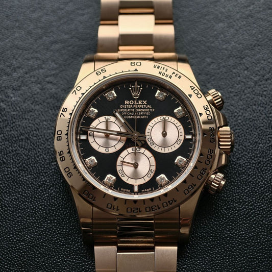Rolex Cosmograph Daytona – 18k Everose Gold with Bright Black & Sundust Diamond-Set Dial