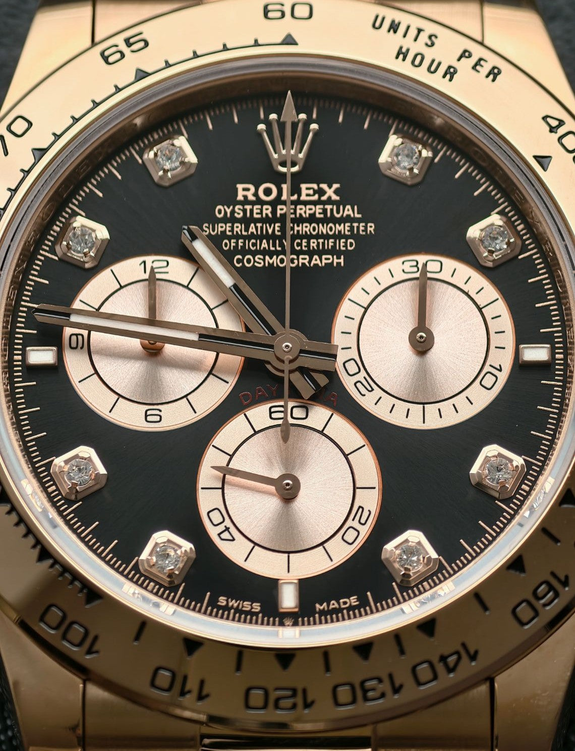Rolex Cosmograph Daytona – 18k Everose Gold with Bright Black & Sundust Diamond-Set Dial