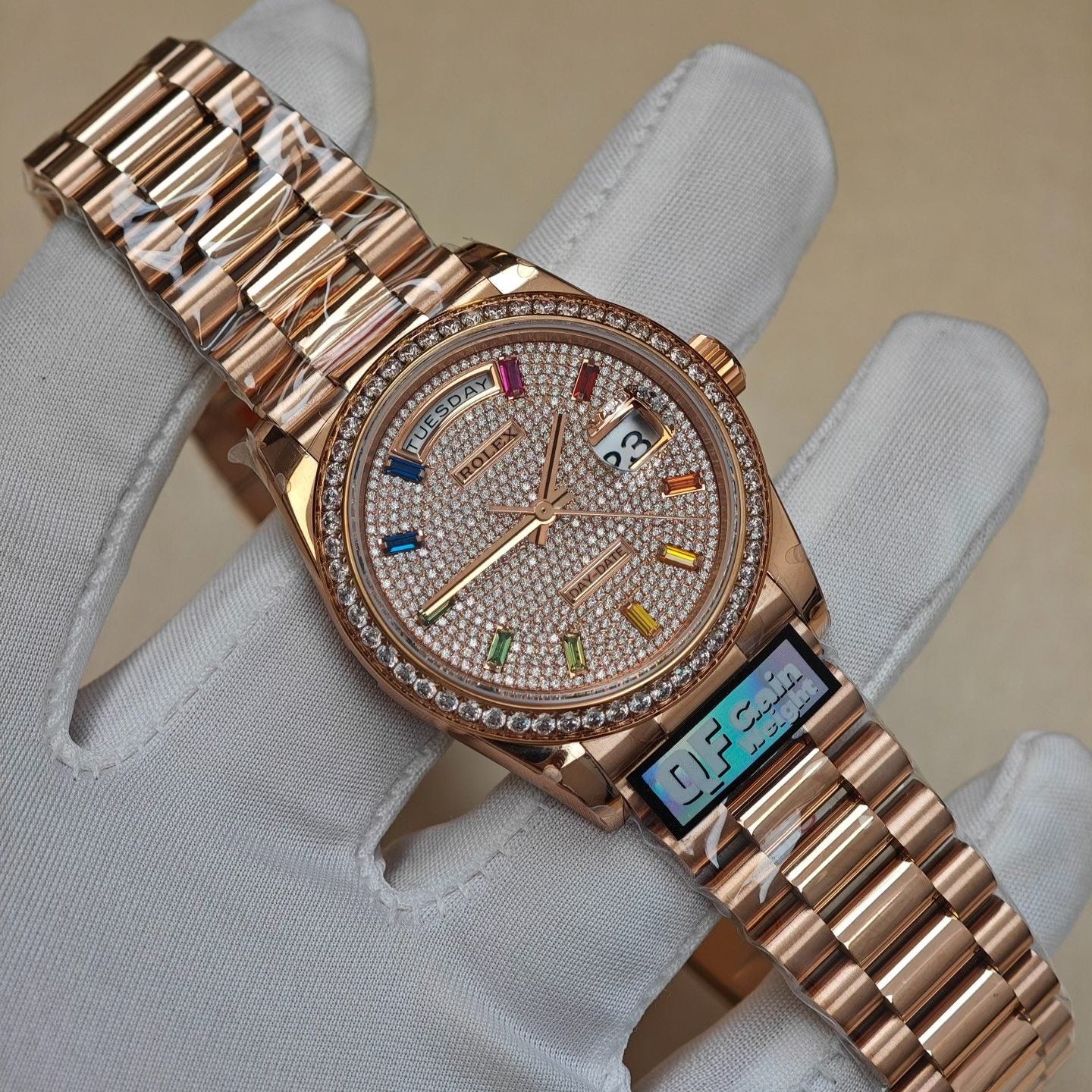 Rolex Day-Date 36 Everose Gold Rainbow Sapphire Dial