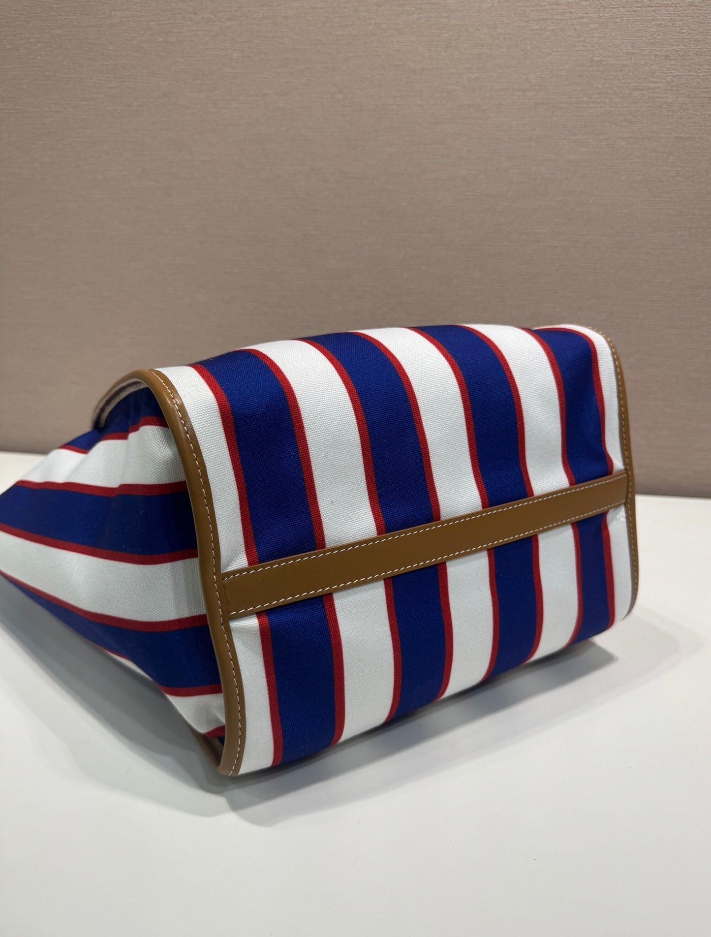 Prada Large Printed Canvas and Leather Tote Bag with Stripe Motif