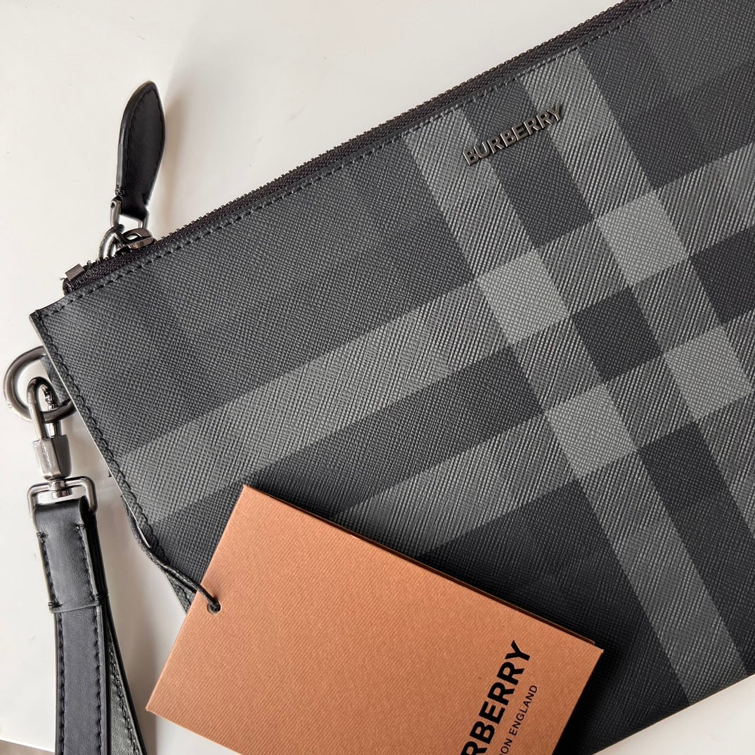 Burberry Edin Check Zip Pouch in Charcoal with Detachable Wrist Strap