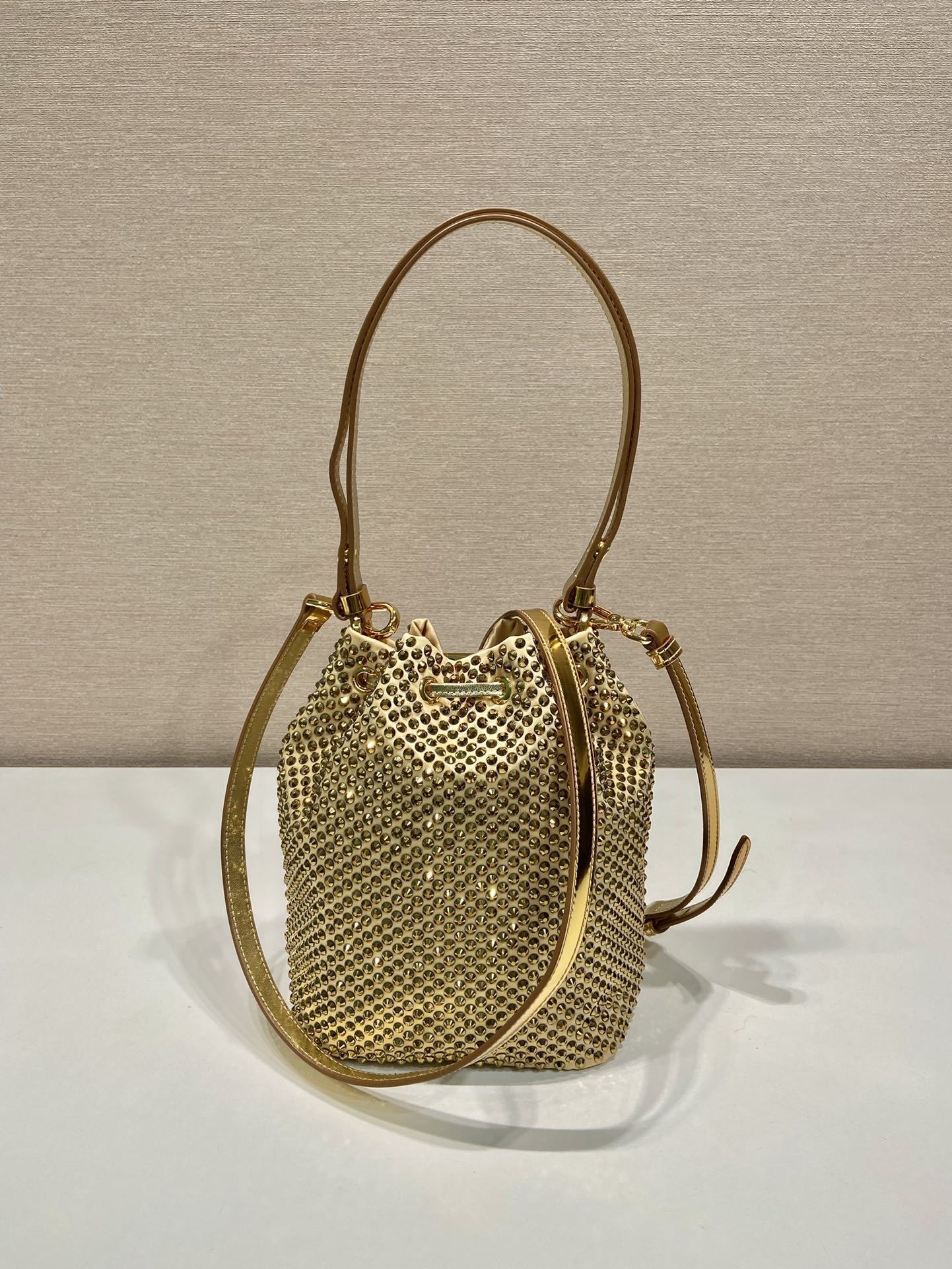 Prada Crystal-Embellished Gold Silk Bucket Bag