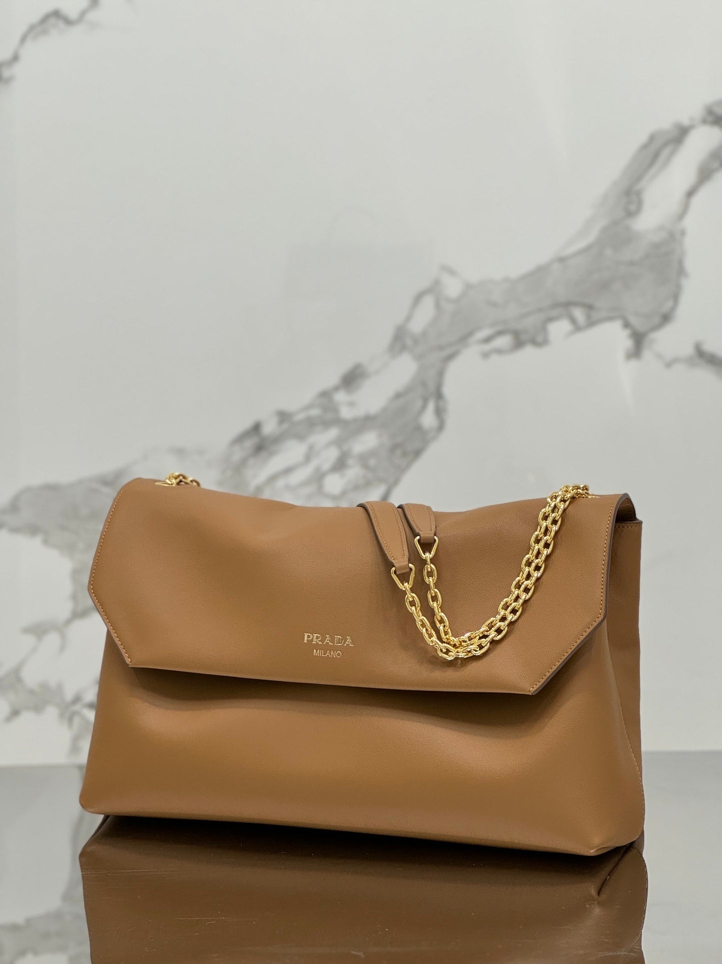 Prada Doux Shoulder Bag – Brown Calf Leather with Gold-Tone Chain Strap