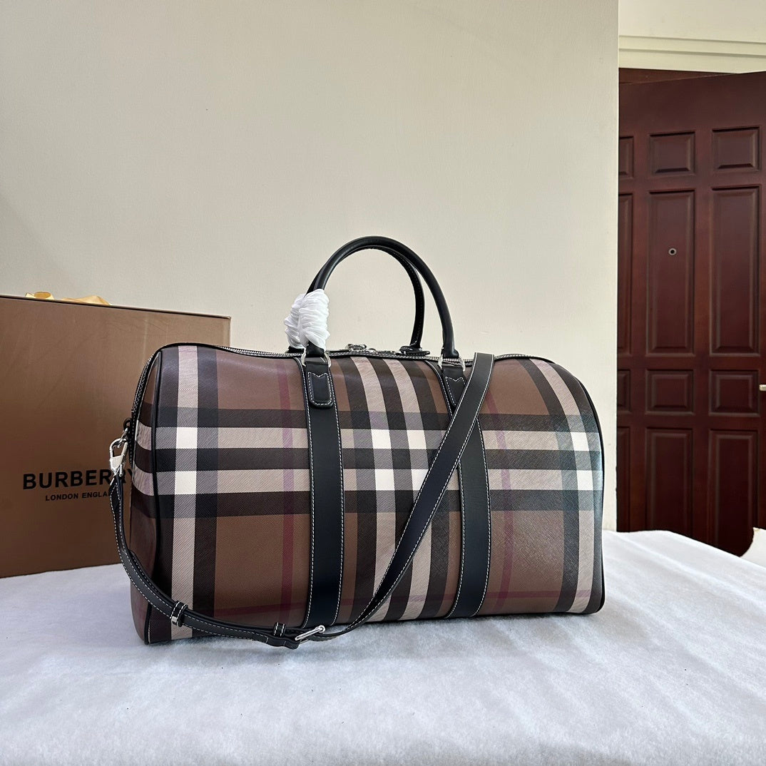Burberry Boston Duffle Bag Iconic Check Canvas with Leather Luggage Tag