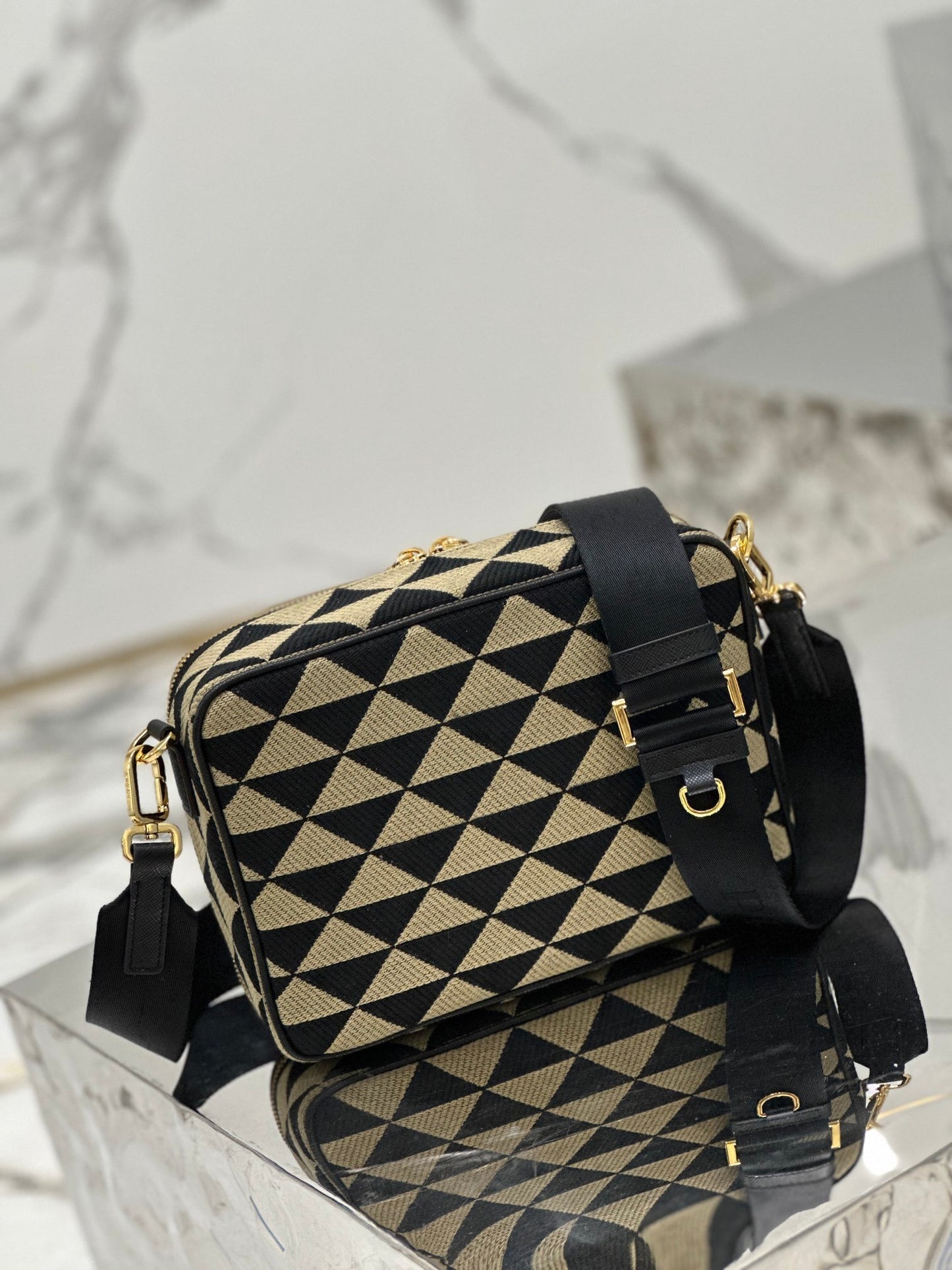 Prada Symbole Embroidered Fabric Messenger Bag in Black and Beige