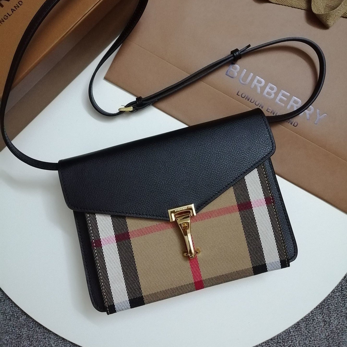 Burberry Macken Check Canvas Crossbody Bag with Gold-Tone Clasp