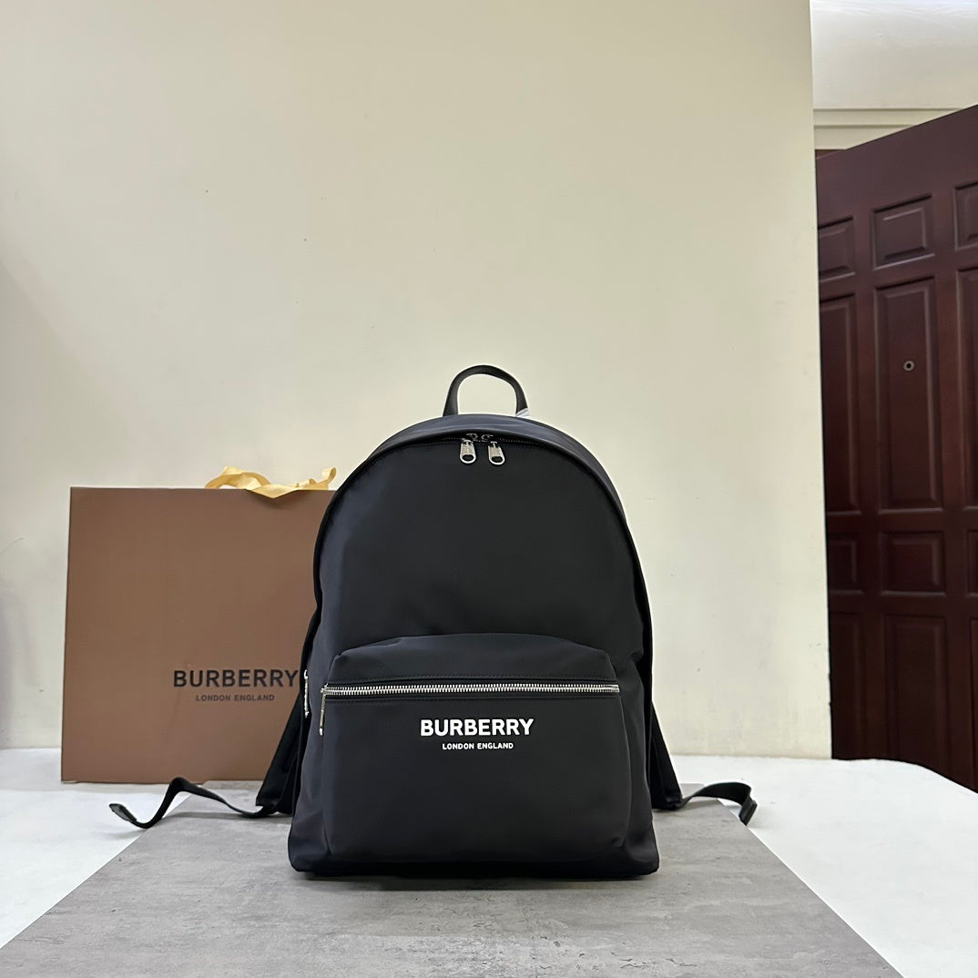 Burberry Black Nylon Backpack with Raised Logo and Leather Trim