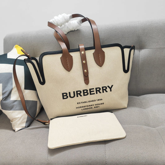 Burberry Medium Horseferry Canvas Tote Bag with Tan Leather Trim