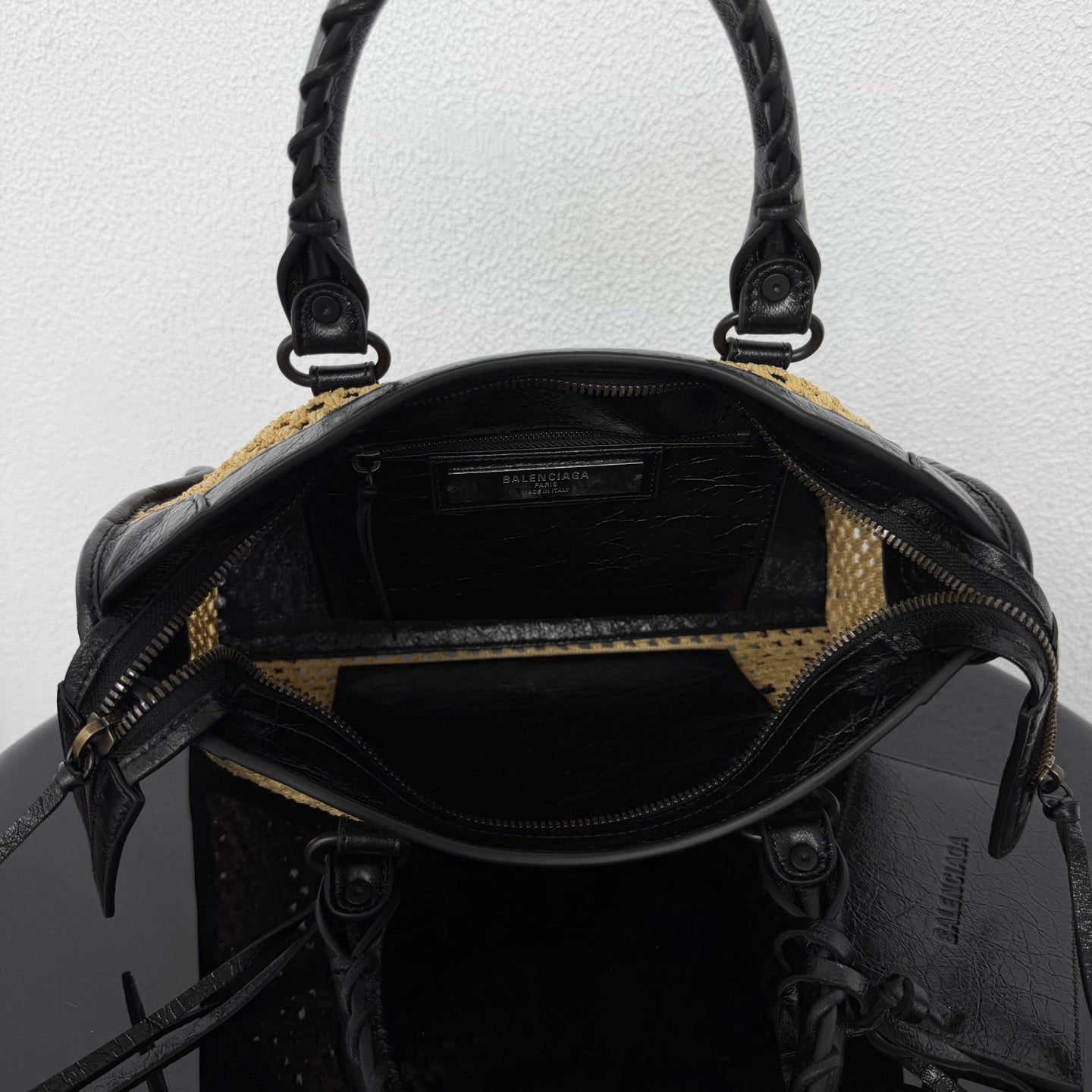 Balenciaga Small Le City Raffia Bag with Black Lambskin Trim