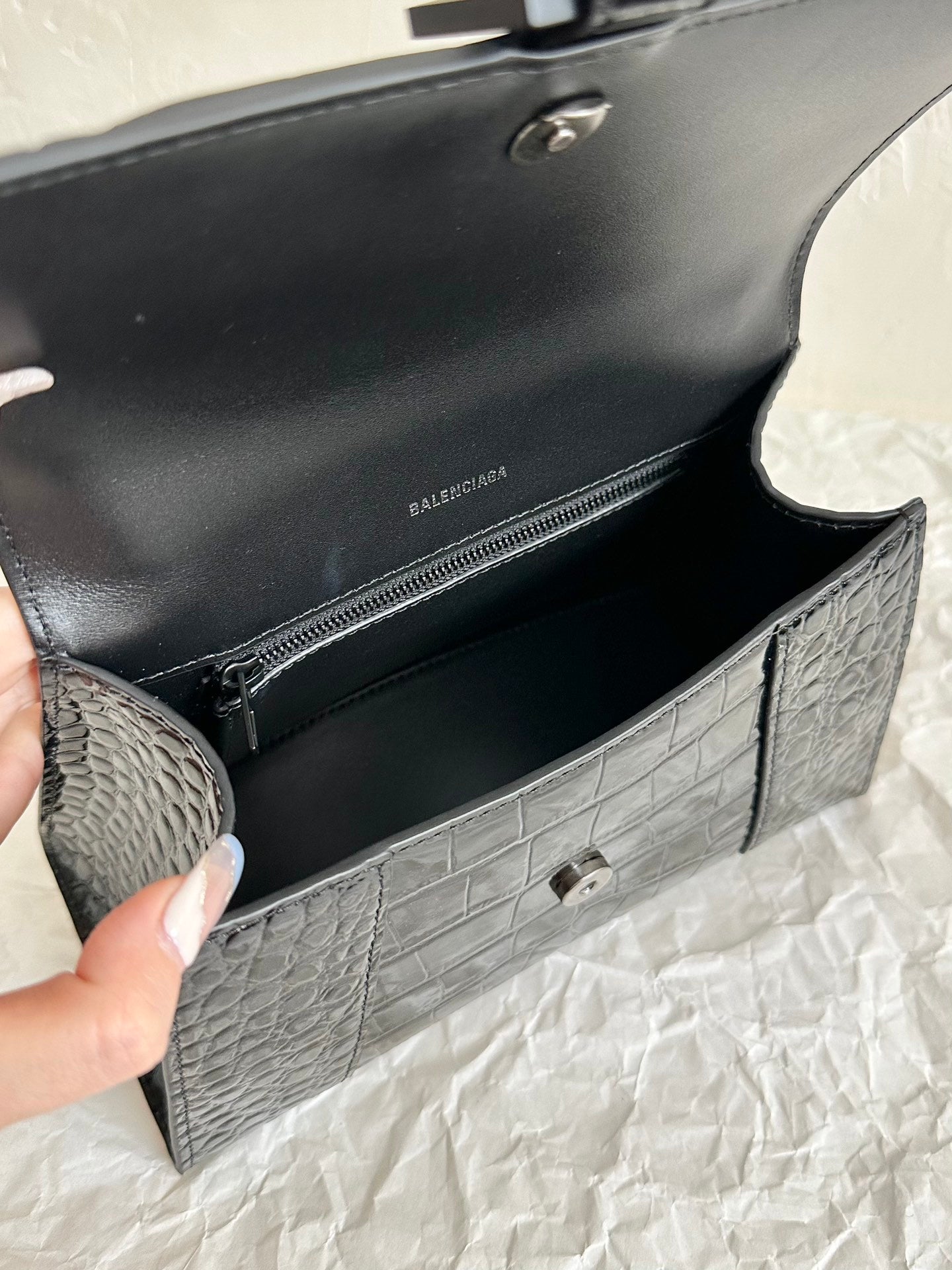 Balenciaga Hourglass Croc-Embossed Black Luxury Handbag