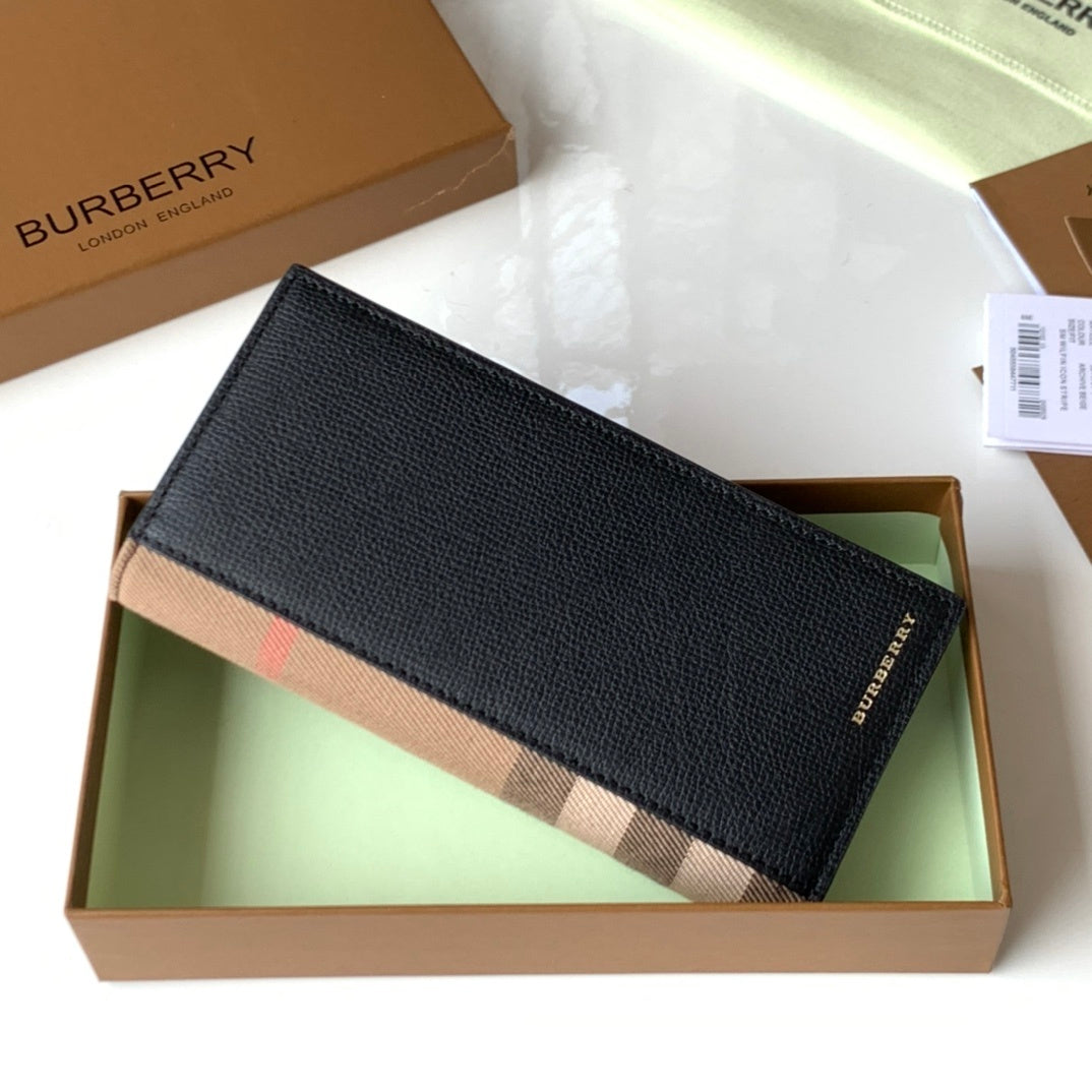 Burberry Long Grainy Leather Wallet with House Check Side Panel