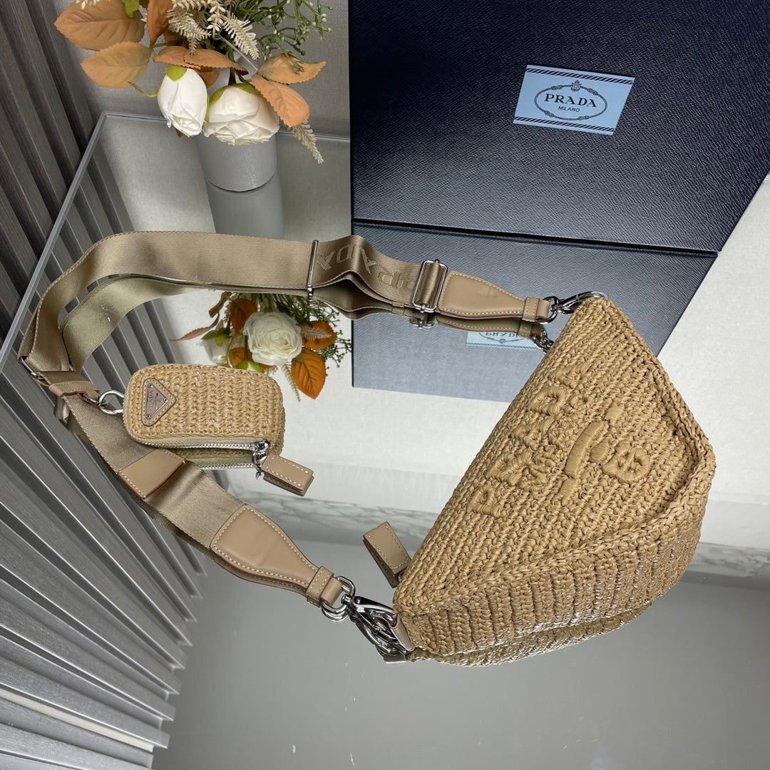 Prada Crochet Triangle Shoulder Bag – Natural Tan Raffia-Effect