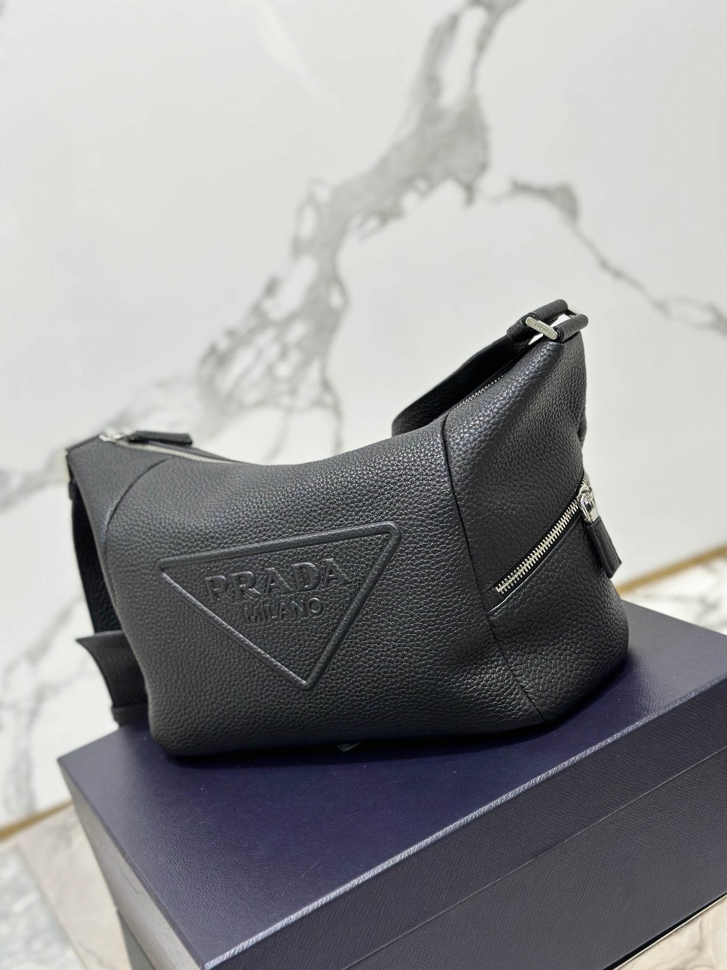 Prada Black Leather Debossed Logo Crossbody Bag