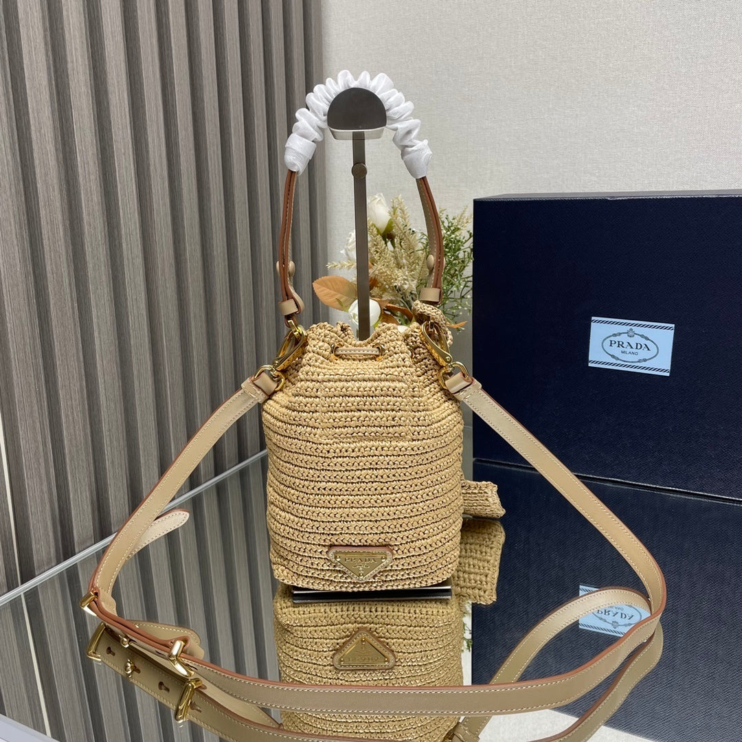 Prada Crochet Mini Bucket Bag – Beige Raffia with Leather Drawstring
