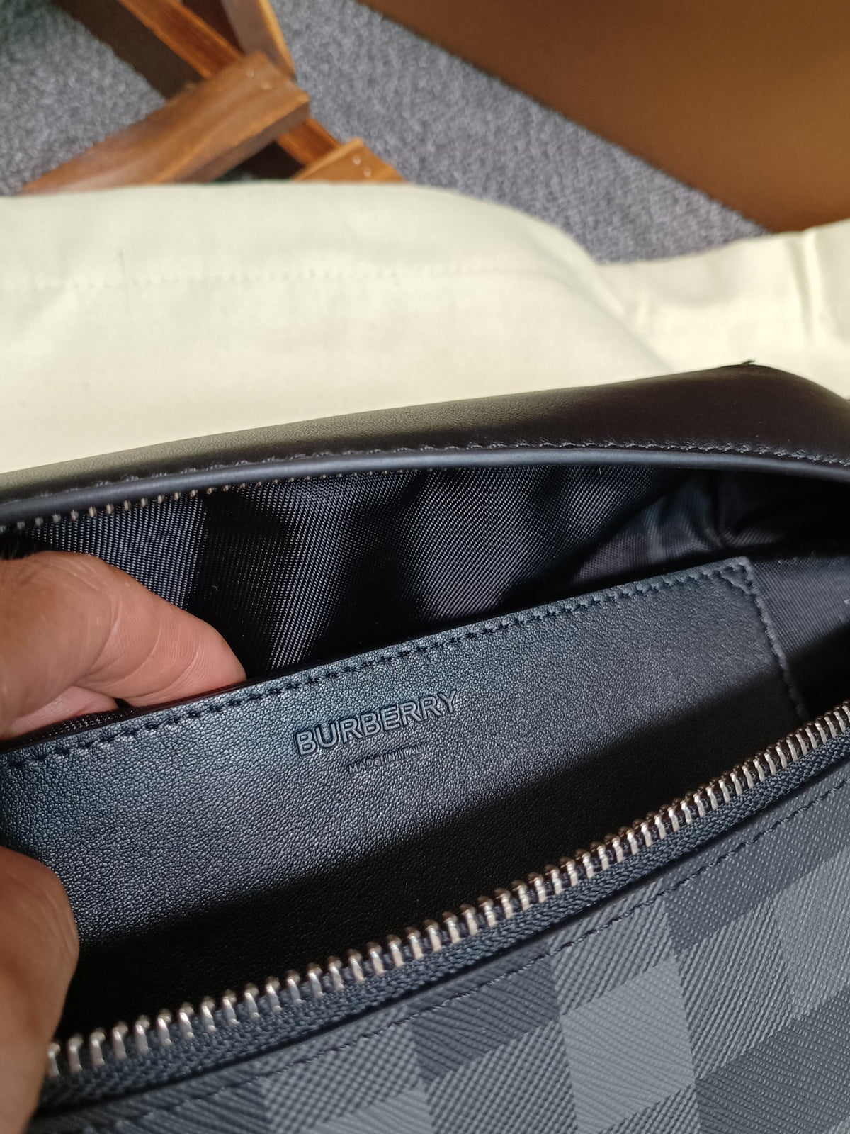 Burberry Sonny Belt Bag in Black Charcoal Check Canvas with Leather Trim