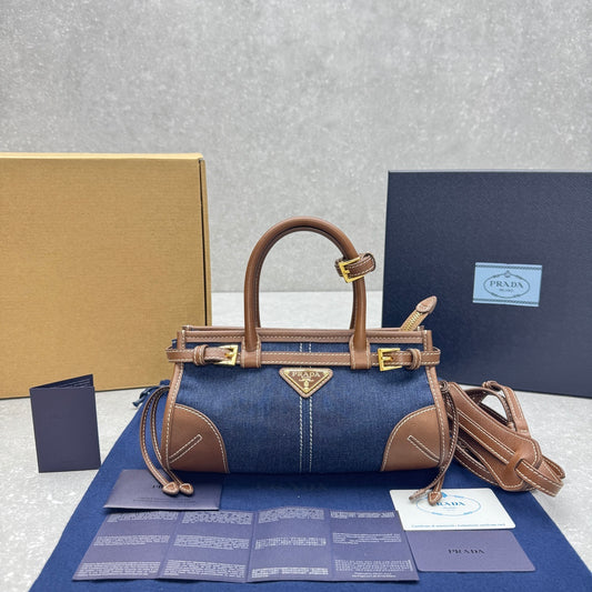 Prada Bonnie Medium Denim Handbag with Brown Leather Trim
