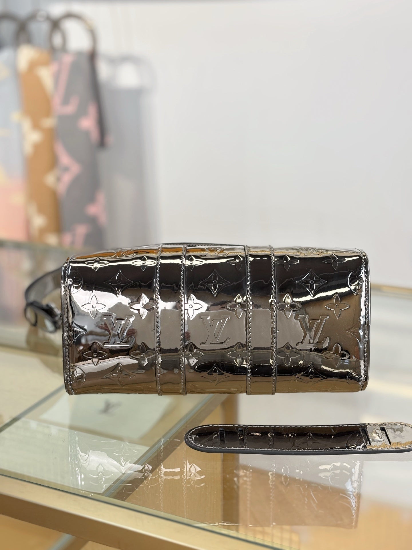 Louis Vuitton Keepall Bandoulière 25 Bag in Gunmetal Monogram Mirror Canvas