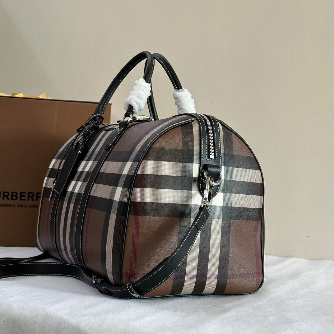 Burberry Boston Duffle Bag Iconic Check Canvas with Leather Luggage Tag
