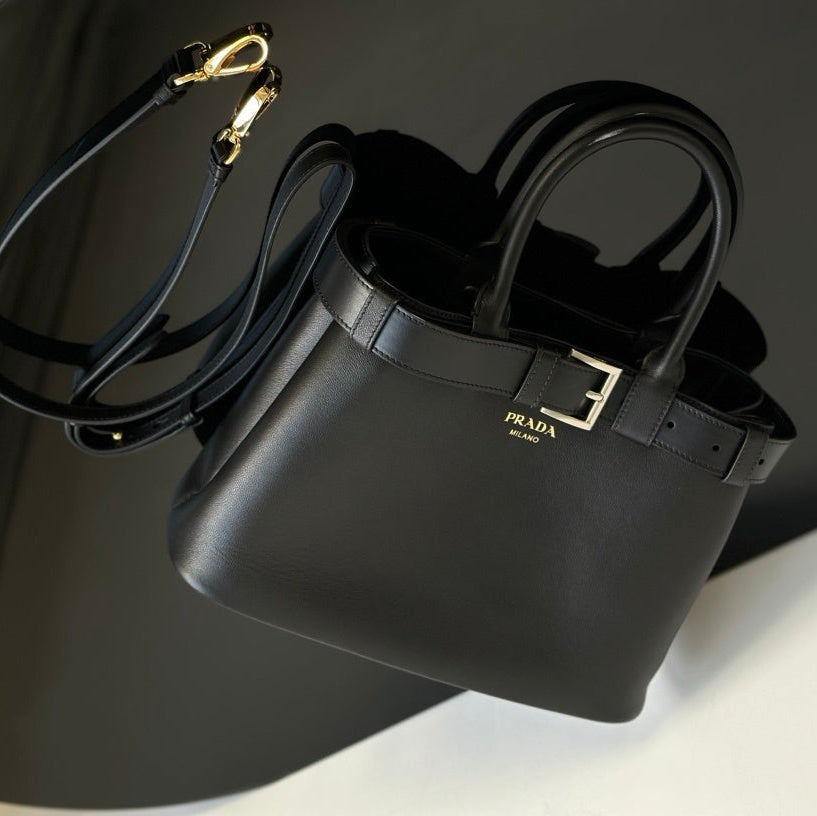 Prada Buckle Black Leather Handbag with Belt